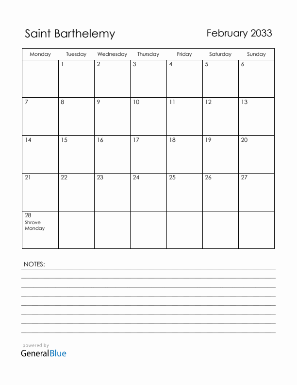 February 2033 Saint Barthelemy Calendar with Holidays (Monday Start)