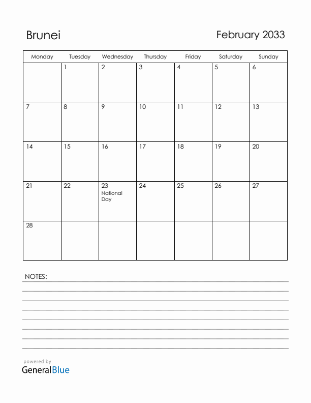February 2033 Brunei Calendar with Holidays (Monday Start)