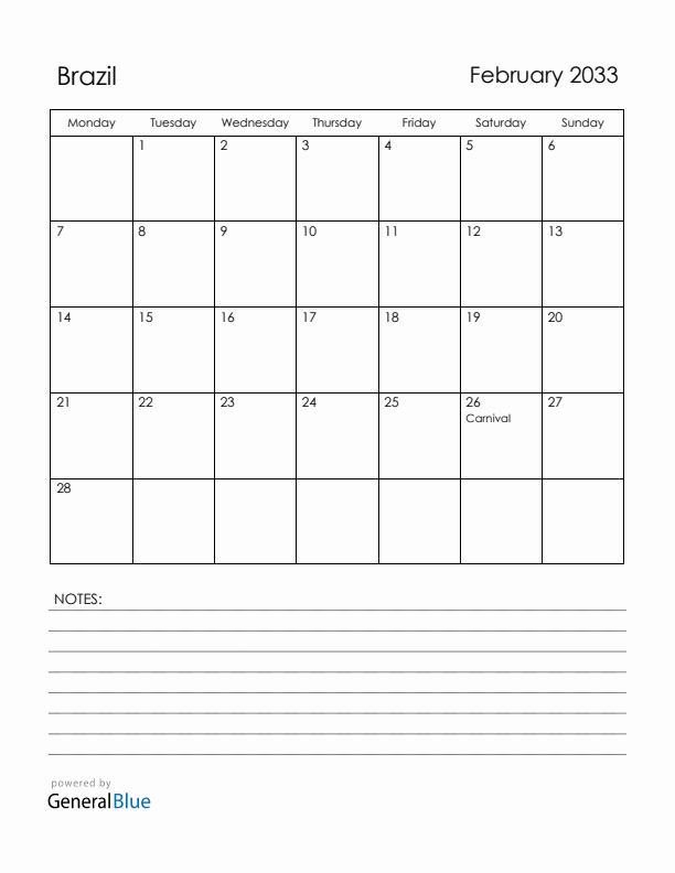 February 2033 Brazil Calendar with Holidays (Monday Start)