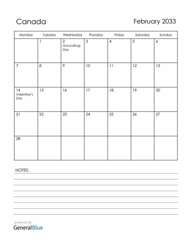 February 2033 Canada Calendar with Holidays (Monday Start)