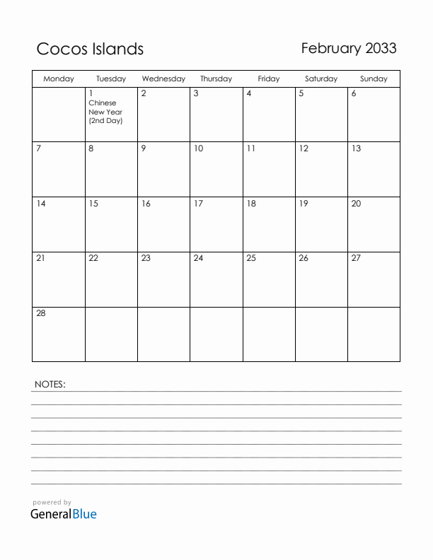 February 2033 Cocos Islands Calendar with Holidays (Monday Start)