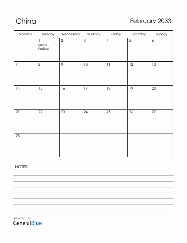 February 2033 China Calendar with Holidays (Monday Start)