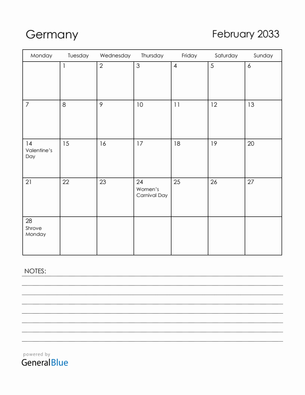 February 2033 Germany Calendar with Holidays (Monday Start)
