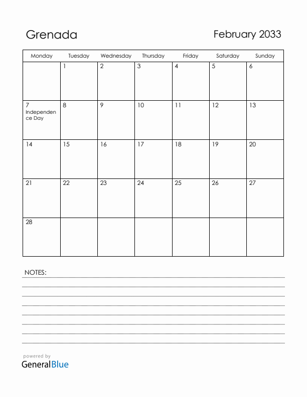 February 2033 Grenada Calendar with Holidays (Monday Start)