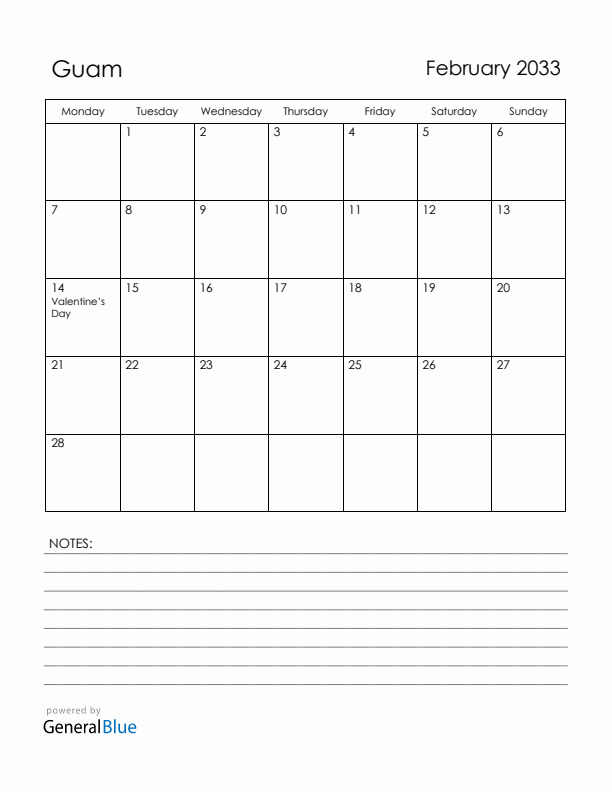 February 2033 Guam Calendar with Holidays (Monday Start)