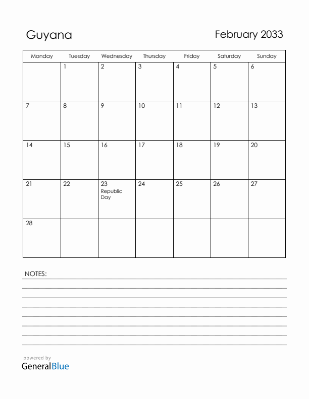 February 2033 Guyana Calendar with Holidays (Monday Start)