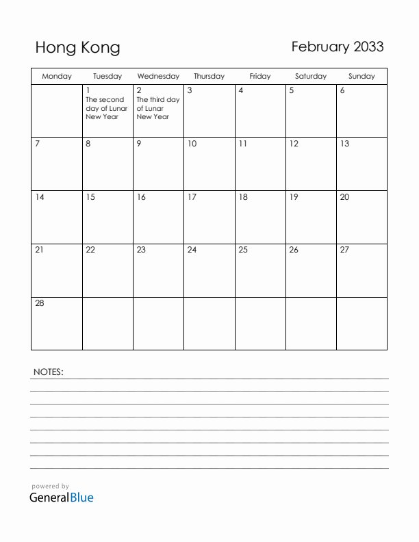 February 2033 Hong Kong Calendar with Holidays (Monday Start)