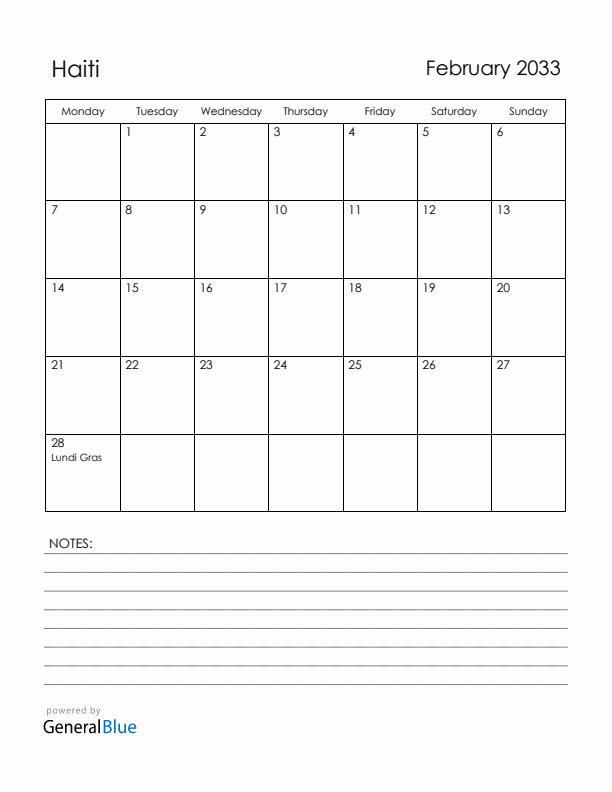 February 2033 Haiti Calendar with Holidays (Monday Start)