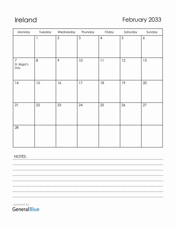 February 2033 Ireland Calendar with Holidays (Monday Start)