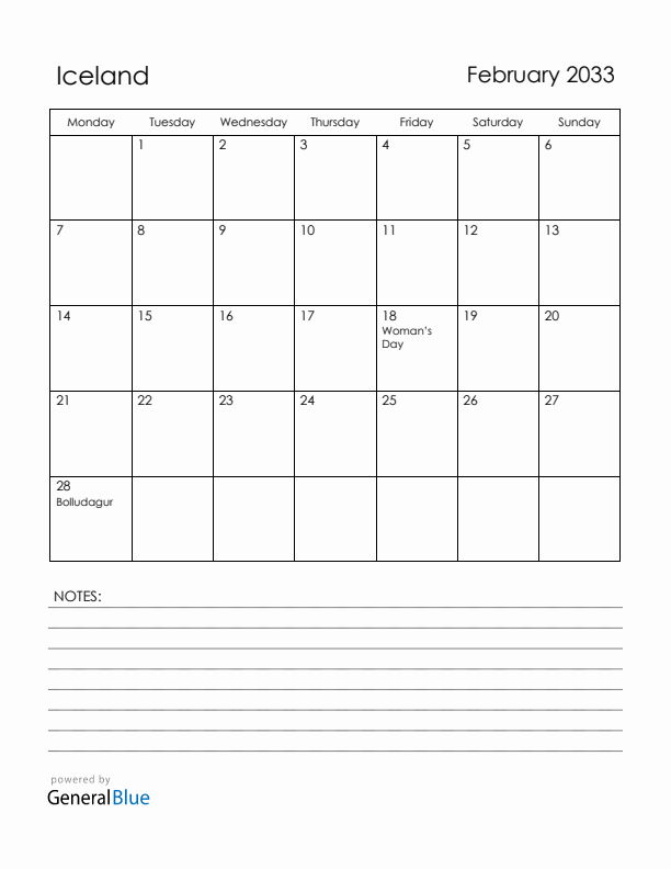 February 2033 Iceland Calendar with Holidays (Monday Start)