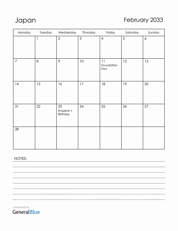 February 2033 Japan Calendar with Holidays (Monday Start)