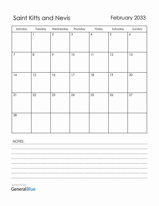 February 2033 Saint Kitts and Nevis Calendar with Holidays (Monday Start)