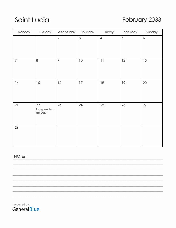 February 2033 Saint Lucia Calendar with Holidays (Monday Start)