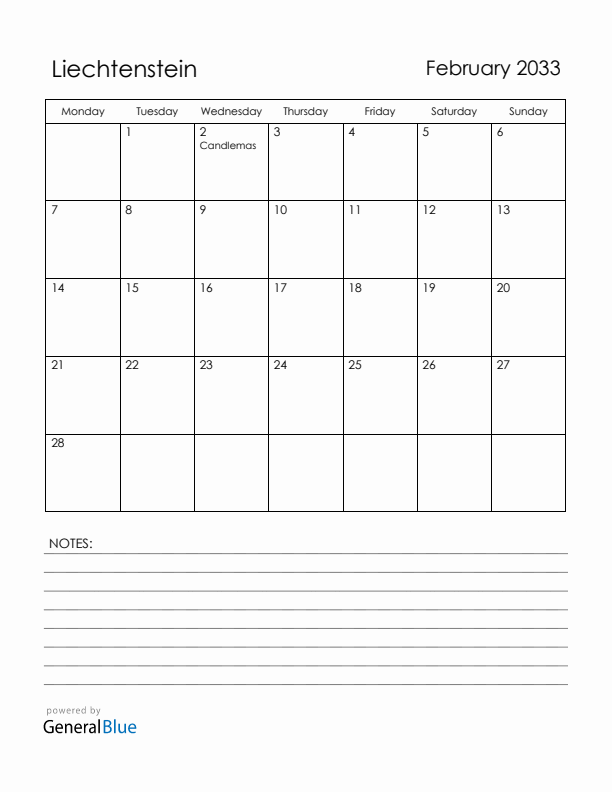February 2033 Liechtenstein Calendar with Holidays (Monday Start)