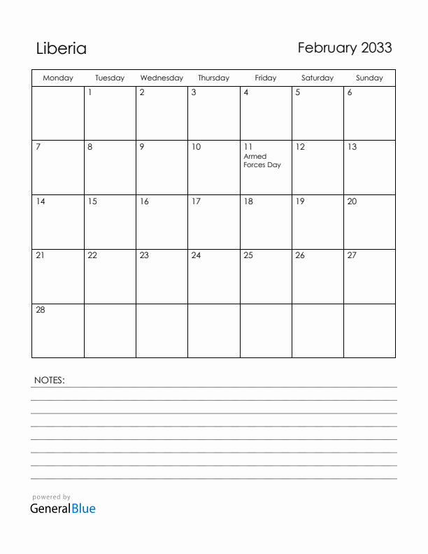 February 2033 Liberia Calendar with Holidays (Monday Start)