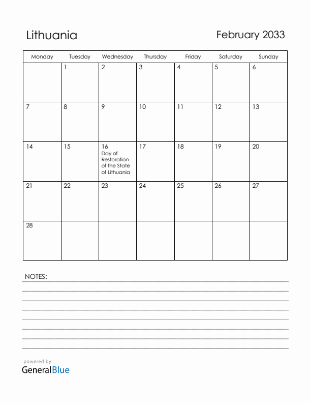 February 2033 Lithuania Calendar with Holidays (Monday Start)