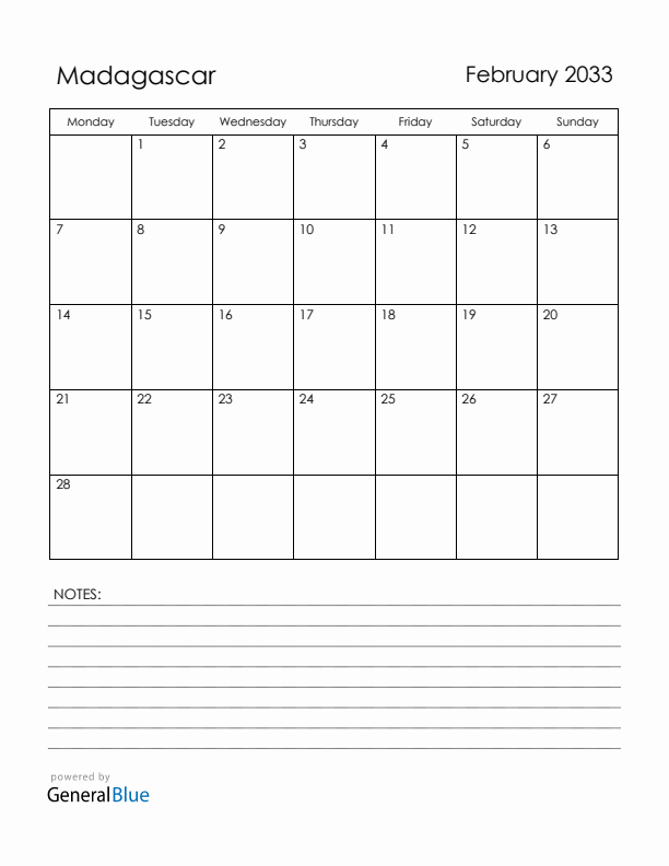 February 2033 Madagascar Calendar with Holidays (Monday Start)