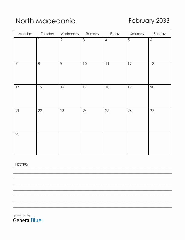 February 2033 North Macedonia Calendar with Holidays (Monday Start)