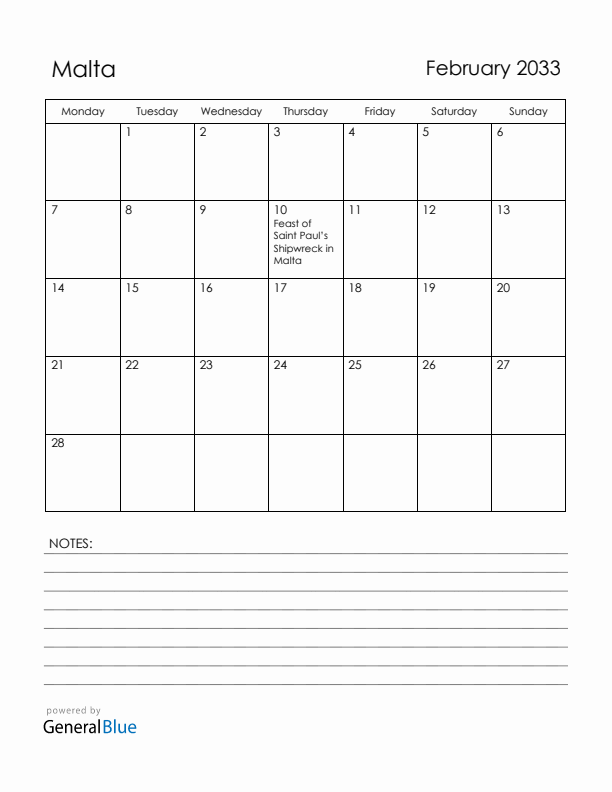 February 2033 Malta Calendar with Holidays (Monday Start)