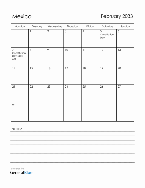 February 2033 Mexico Calendar with Holidays (Monday Start)