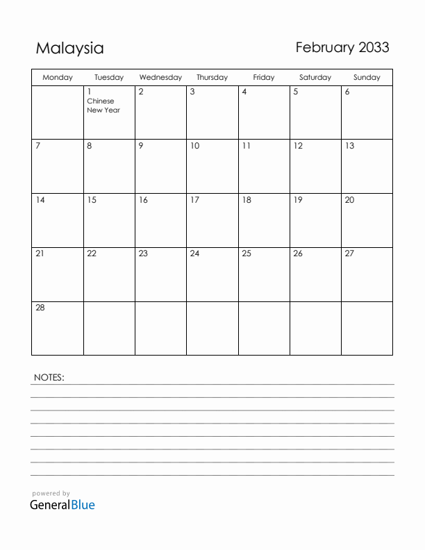 February 2033 Malaysia Calendar with Holidays (Monday Start)