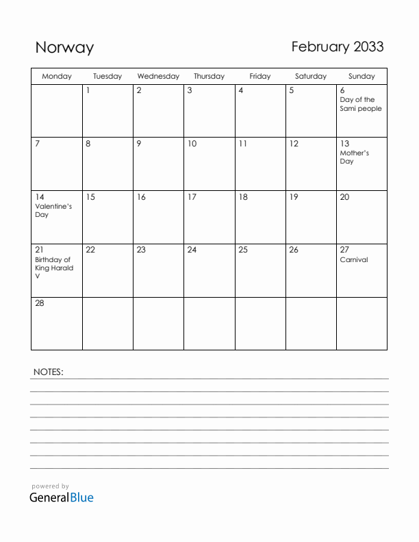 February 2033 Norway Calendar with Holidays (Monday Start)