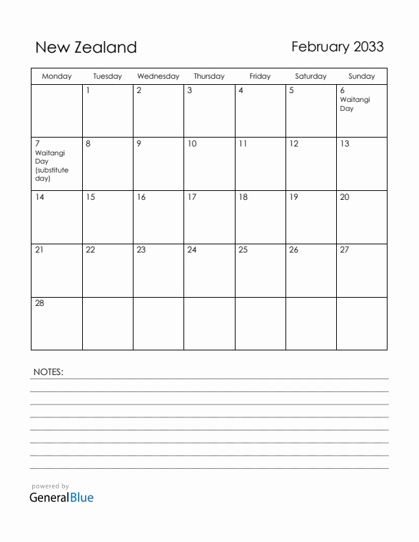 February 2033 New Zealand Calendar with Holidays (Monday Start)
