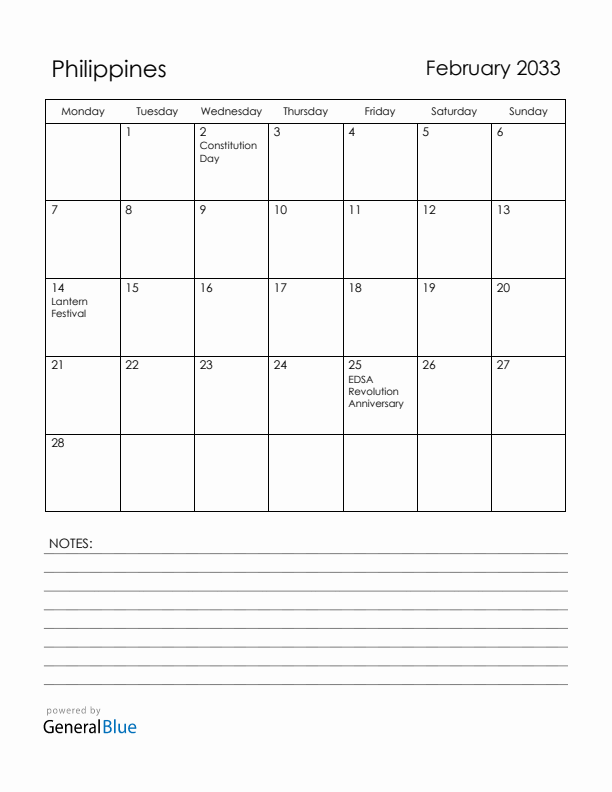 February 2033 Philippines Calendar with Holidays (Monday Start)