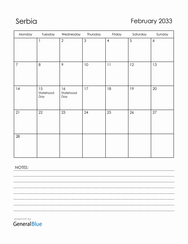 February 2033 Serbia Calendar with Holidays (Monday Start)