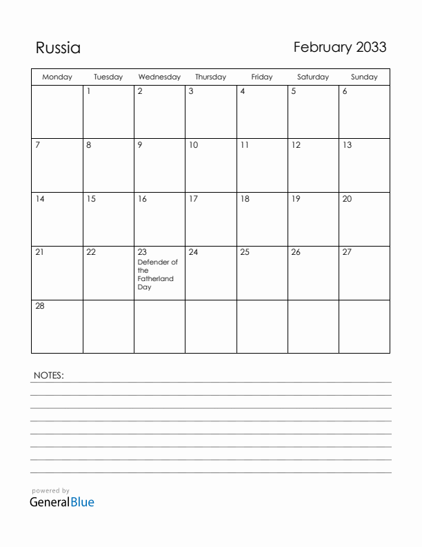 February 2033 Russia Calendar with Holidays (Monday Start)