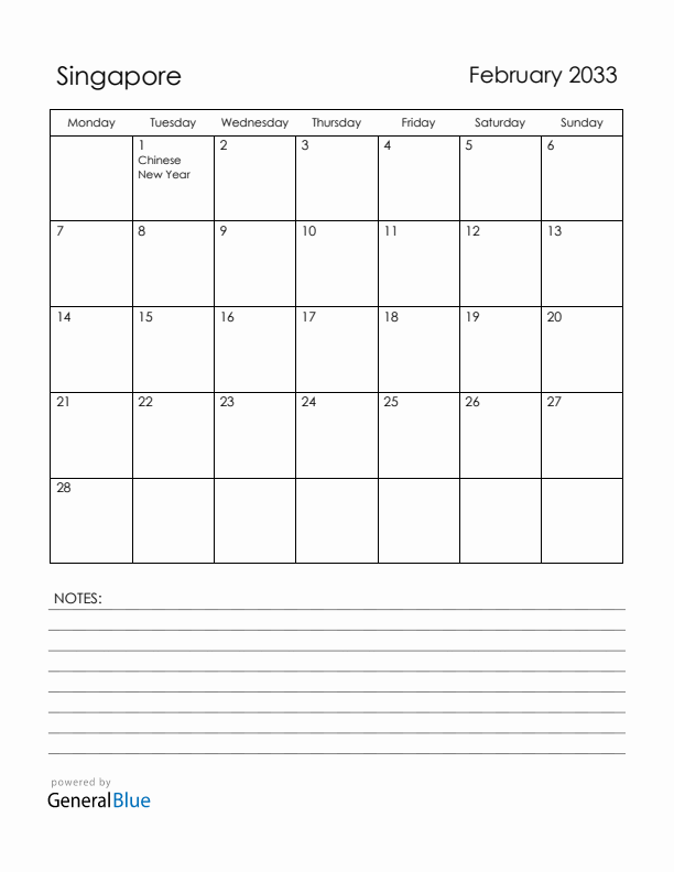 February 2033 Singapore Calendar with Holidays (Monday Start)