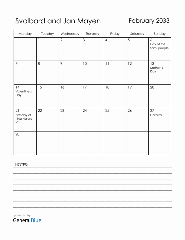 February 2033 Svalbard and Jan Mayen Calendar with Holidays (Monday Start)