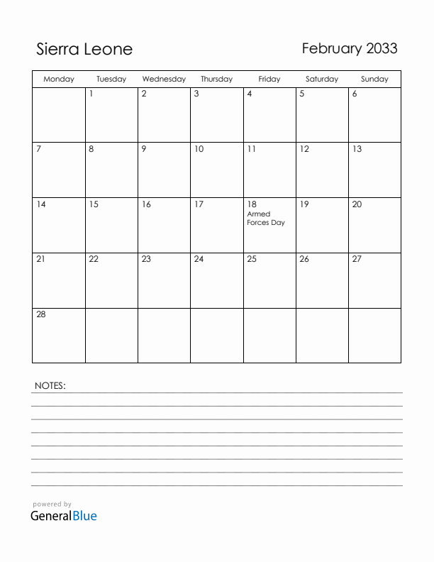 February 2033 Sierra Leone Calendar with Holidays (Monday Start)