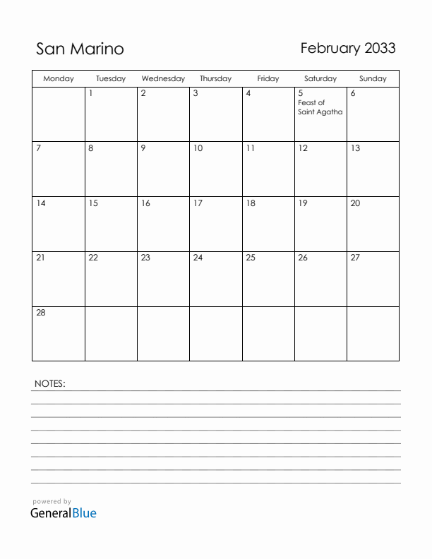 February 2033 San Marino Calendar with Holidays (Monday Start)