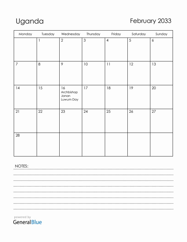 February 2033 Uganda Calendar with Holidays (Monday Start)