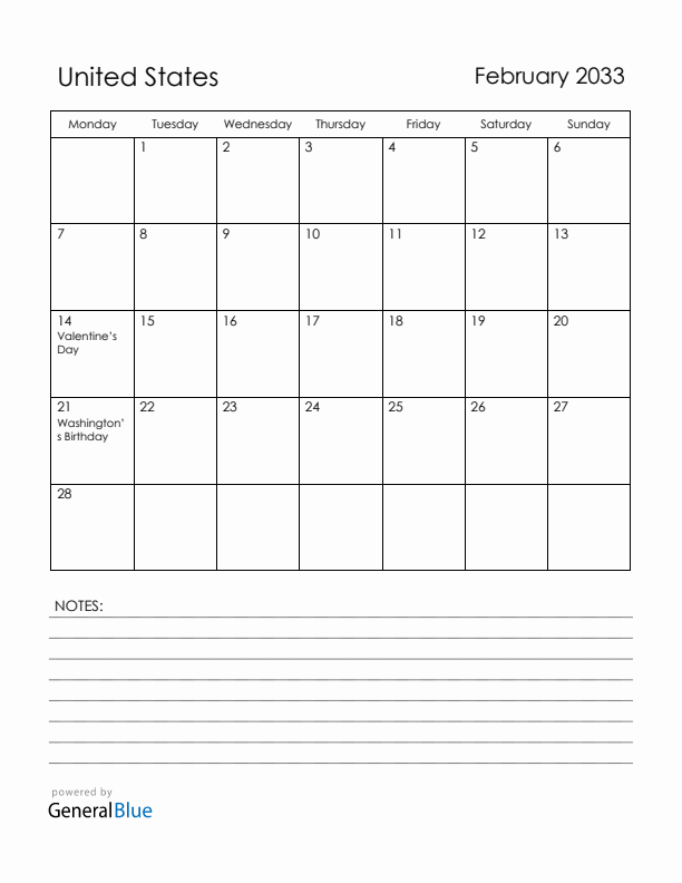 February 2033 United States Calendar with Holidays (Monday Start)