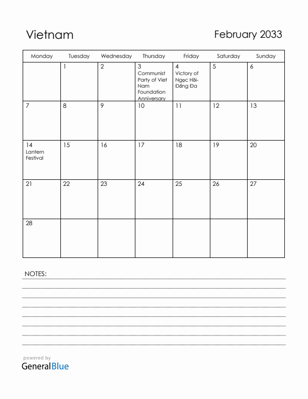 February 2033 Vietnam Calendar with Holidays (Monday Start)