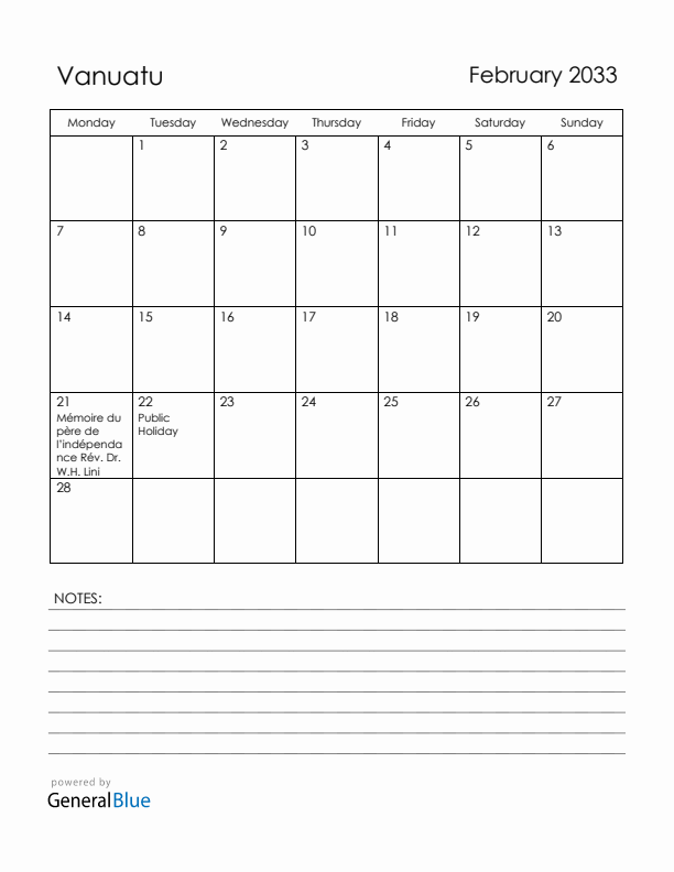 February 2033 Vanuatu Calendar with Holidays (Monday Start)