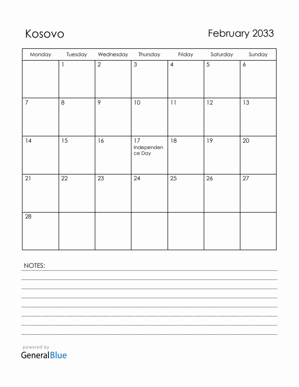 February 2033 Kosovo Calendar with Holidays (Monday Start)