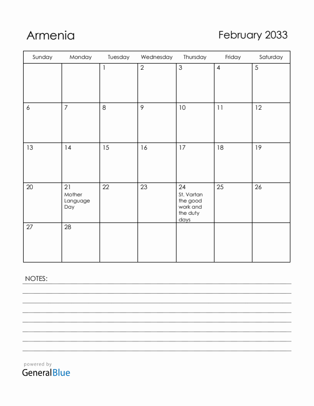 February 2033 Armenia Calendar with Holidays (Sunday Start)