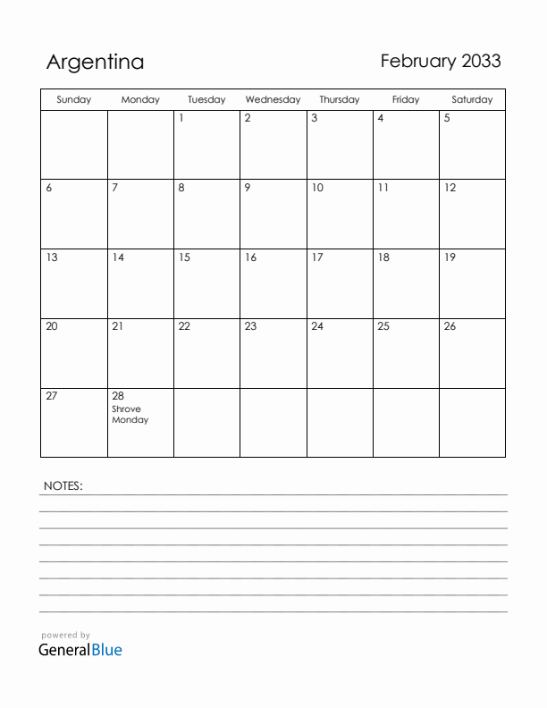 February 2033 Argentina Calendar with Holidays (Sunday Start)