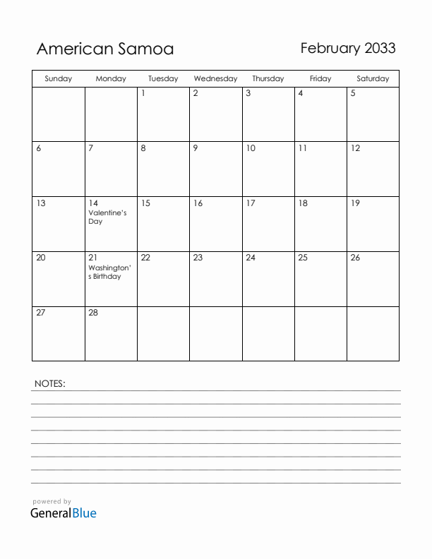 February 2033 American Samoa Calendar with Holidays (Sunday Start)