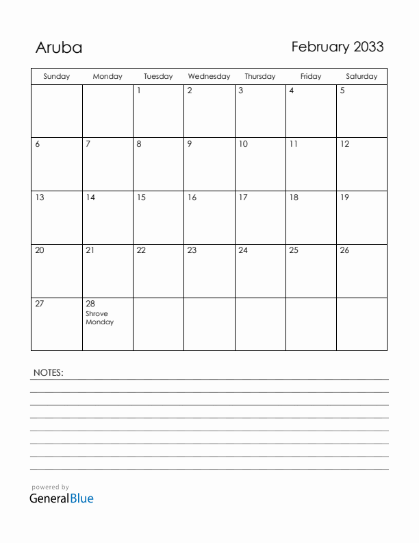 February 2033 Aruba Calendar with Holidays (Sunday Start)