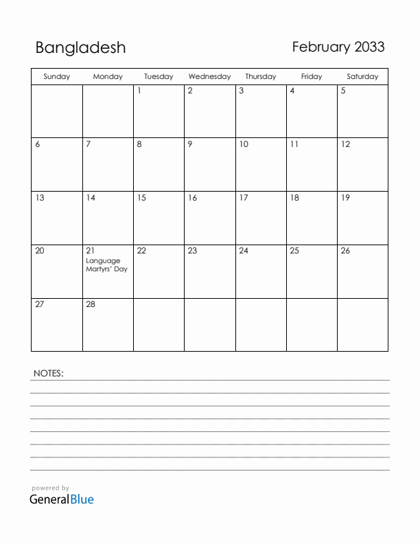 February 2033 Bangladesh Calendar with Holidays (Sunday Start)