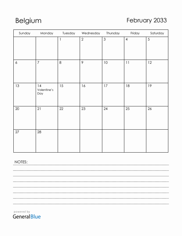 February 2033 Belgium Calendar with Holidays (Sunday Start)