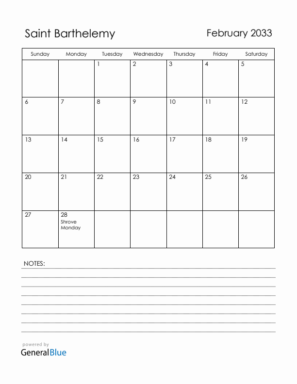 February 2033 Saint Barthelemy Calendar with Holidays (Sunday Start)