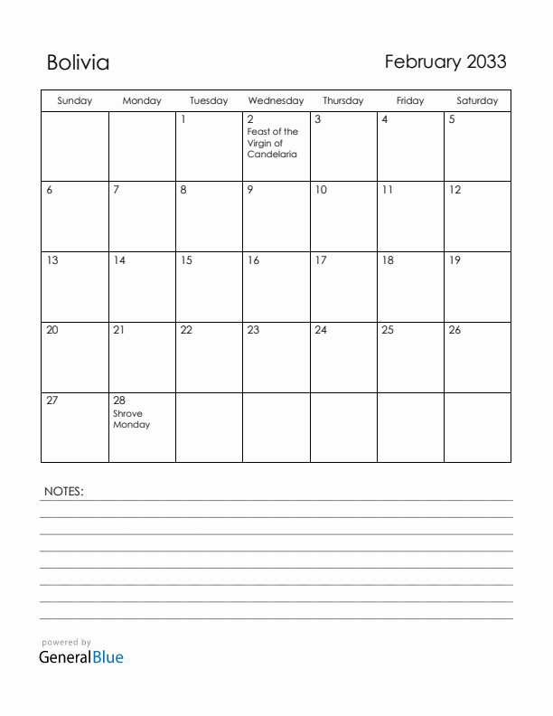 February 2033 Bolivia Calendar with Holidays (Sunday Start)