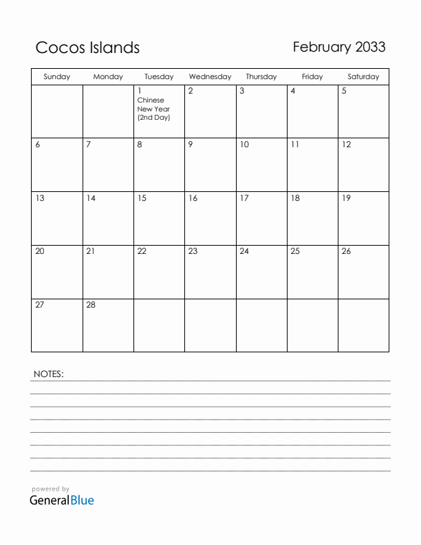 February 2033 Cocos Islands Calendar with Holidays (Sunday Start)