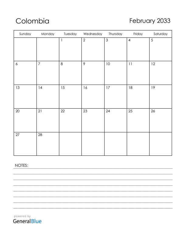 February 2033 Colombia Calendar with Holidays (Sunday Start)