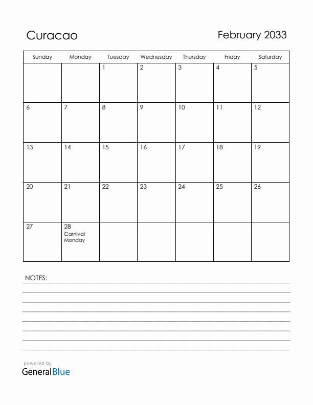 February 2033 Curacao Calendar with Holidays (Sunday Start)